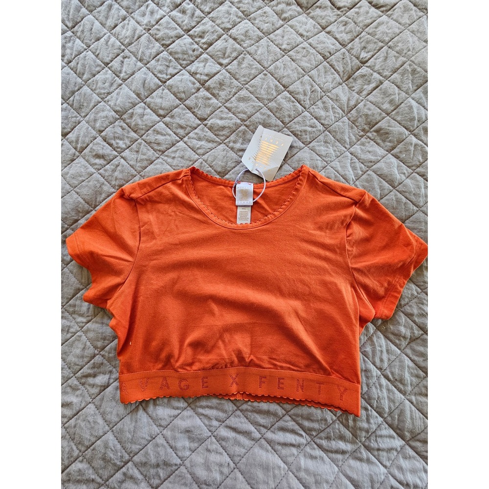 Savage × Fenty NWT Cropped Logo Orange Cotton Short Sleeve Top T-Shirt sz S - Picture 2 of 6